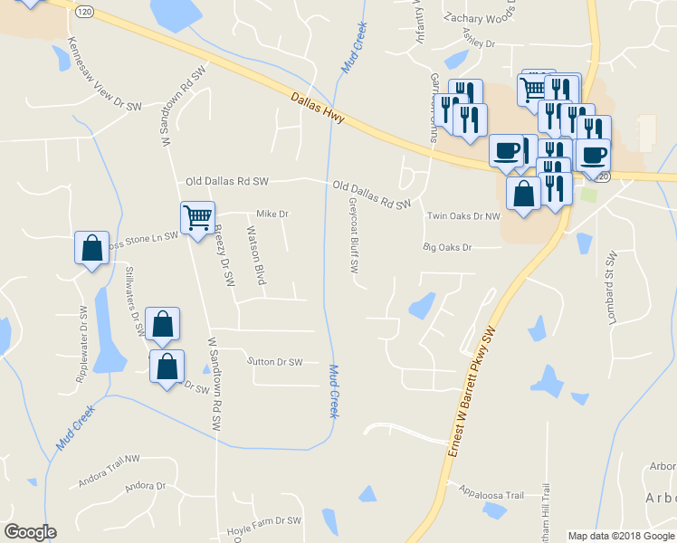map of restaurants, bars, coffee shops, grocery stores, and more near 368 Greycoat Bluff in Marietta