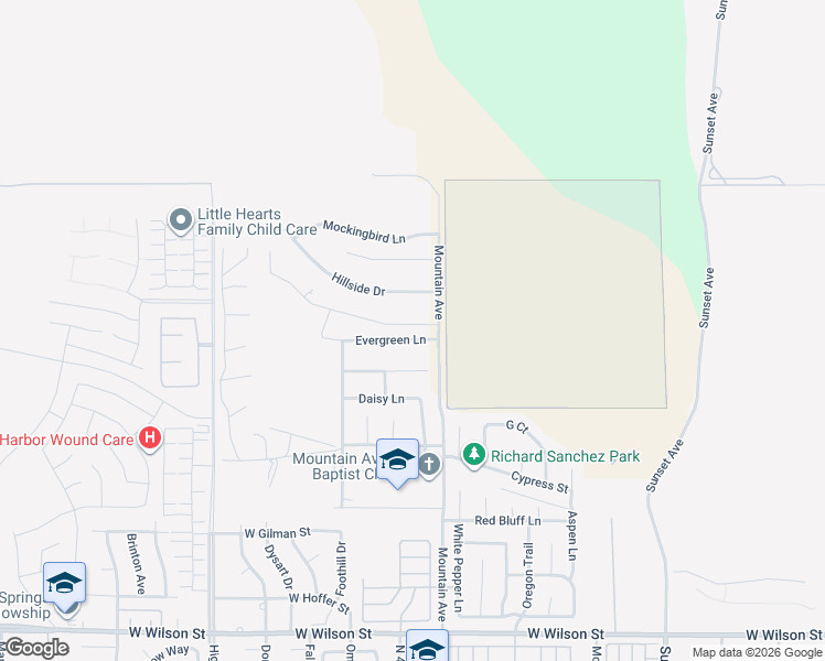 map of restaurants, bars, coffee shops, grocery stores, and more near 4195 Evergreen Lane in Banning