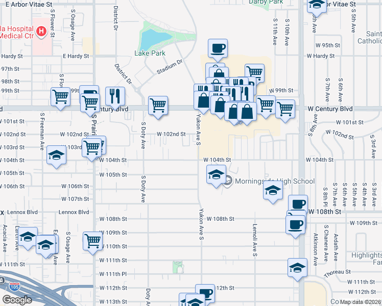 map of restaurants, bars, coffee shops, grocery stores, and more near 3615 West 104th Street in Inglewood