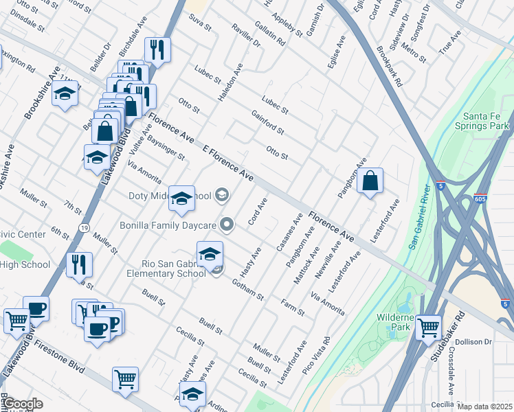 map of restaurants, bars, coffee shops, grocery stores, and more near 10233 Cord Avenue in Downey