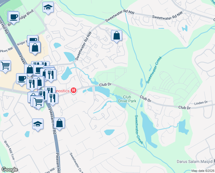 map of restaurants, bars, coffee shops, grocery stores, and more near 3360 Club Drive in Lawrenceville