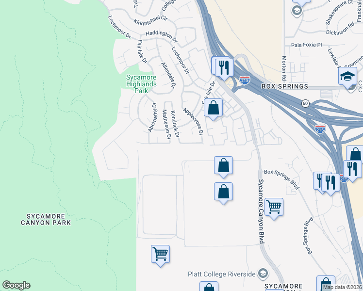 map of restaurants, bars, coffee shops, grocery stores, and more near 1524 Stockport Drive in Riverside