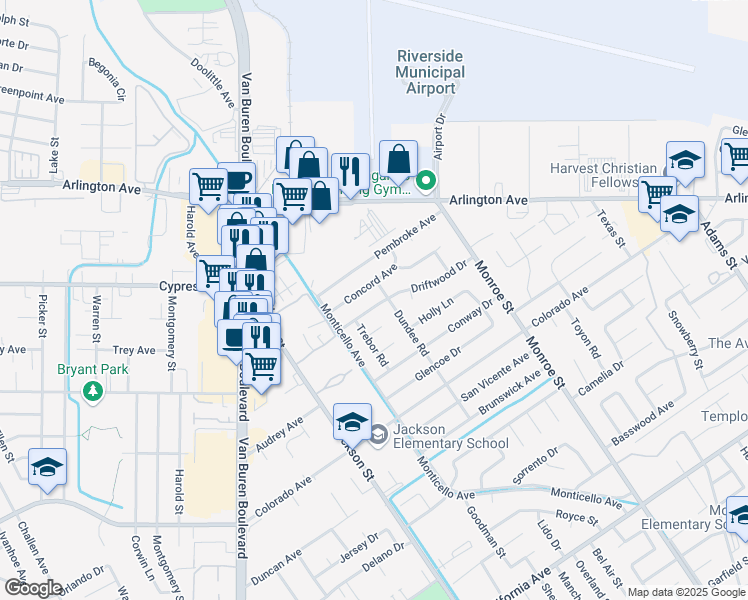 map of restaurants, bars, coffee shops, grocery stores, and more near 8905 Driftwood Drive in Riverside
