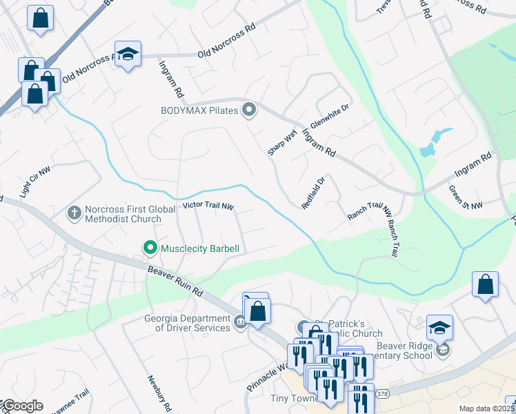 map of restaurants, bars, coffee shops, grocery stores, and more near 5064 Faye Court Northwest in Norcross
