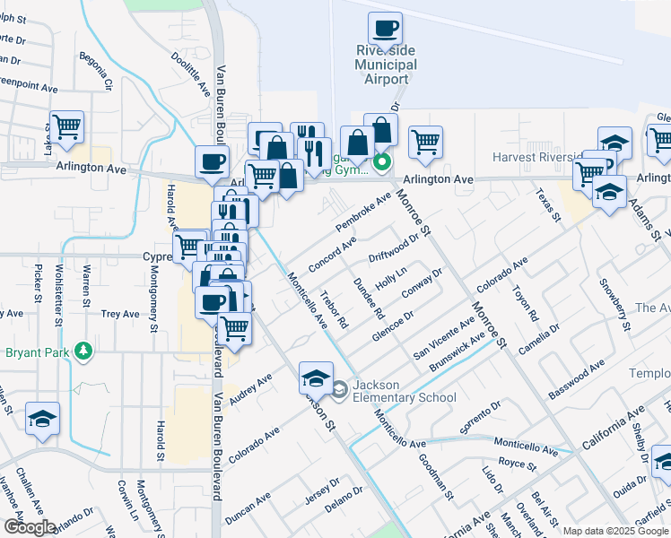 map of restaurants, bars, coffee shops, grocery stores, and more near 8905 Driftwood Drive in Riverside