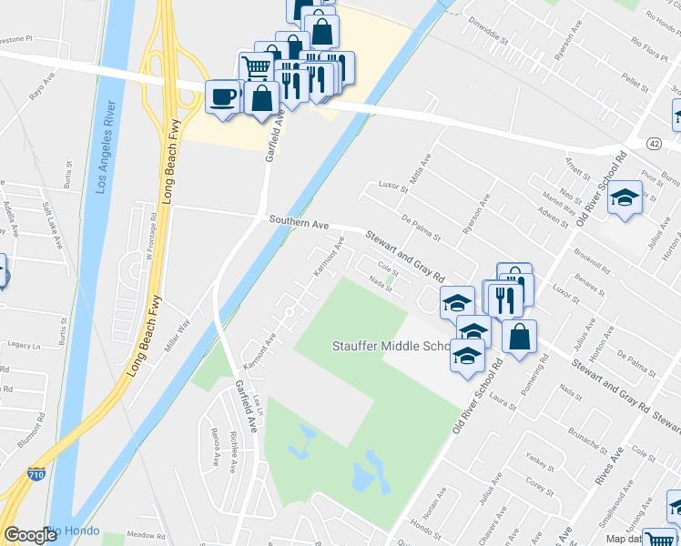 map of restaurants, bars, coffee shops, grocery stores, and more near 9646 Karmont Avenue in South Gate