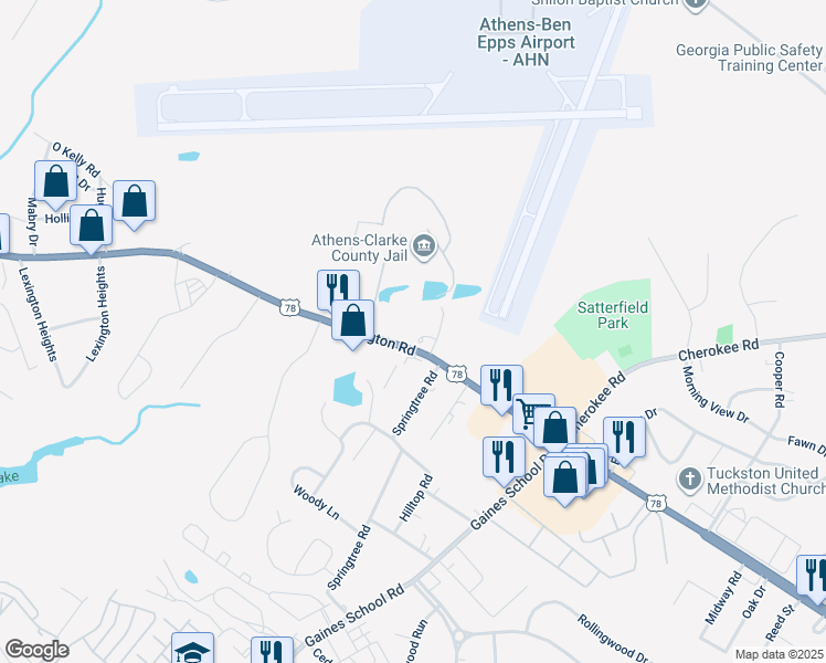 map of restaurants, bars, coffee shops, grocery stores, and more near 3035 Lexington Road in Athens