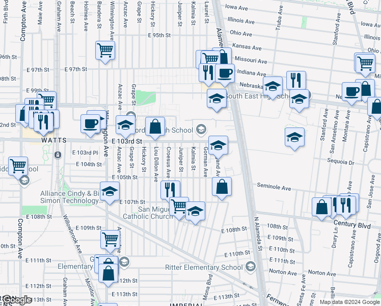 map of restaurants, bars, coffee shops, grocery stores, and more near 10323 Kalmia Street in Los Angeles