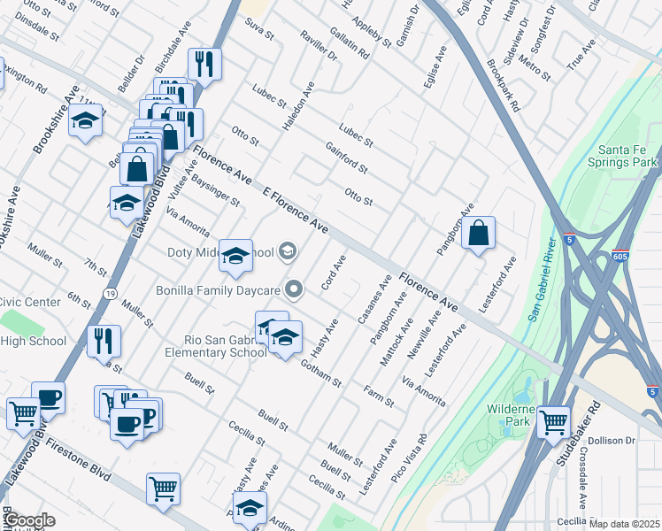 map of restaurants, bars, coffee shops, grocery stores, and more near 10233 Cord Avenue in Downey