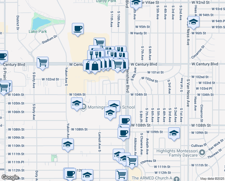 map of restaurants, bars, coffee shops, grocery stores, and more near 10234 Woodworth Avenue in Inglewood