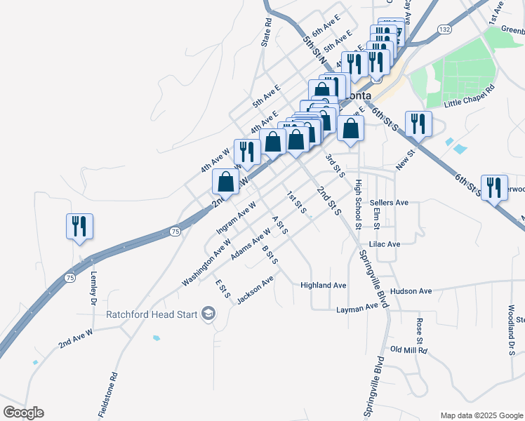 map of restaurants, bars, coffee shops, grocery stores, and more near 201 Washington Avenue West in Oneonta