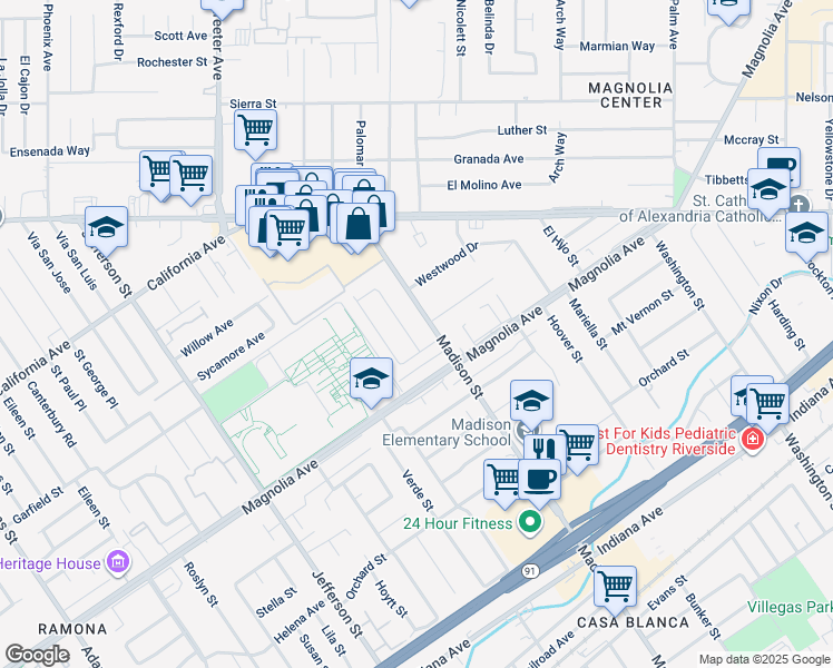 map of restaurants, bars, coffee shops, grocery stores, and more near 3871 San Marcos Avenue in Riverside