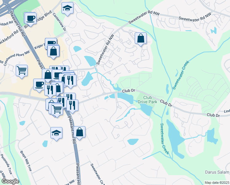map of restaurants, bars, coffee shops, grocery stores, and more near 101 Club Lakes Parkway in Lawrenceville