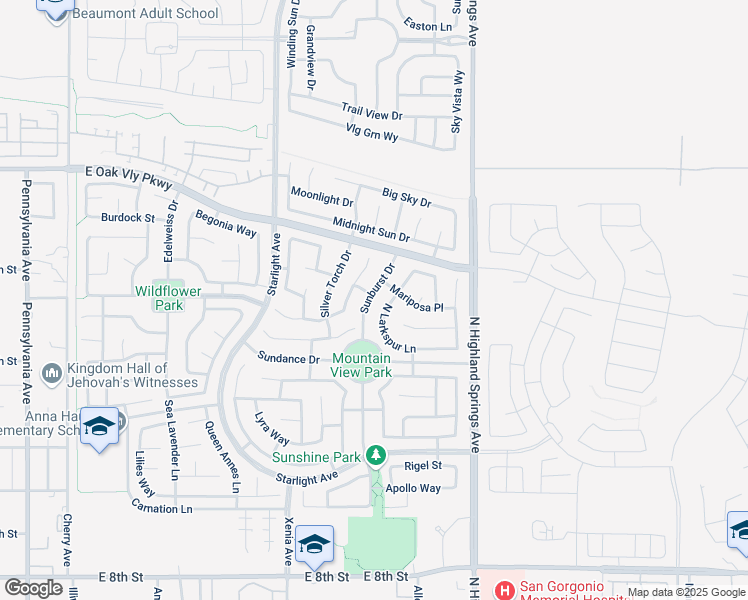 map of restaurants, bars, coffee shops, grocery stores, and more near 1278 North Larkspur Lane in Beaumont