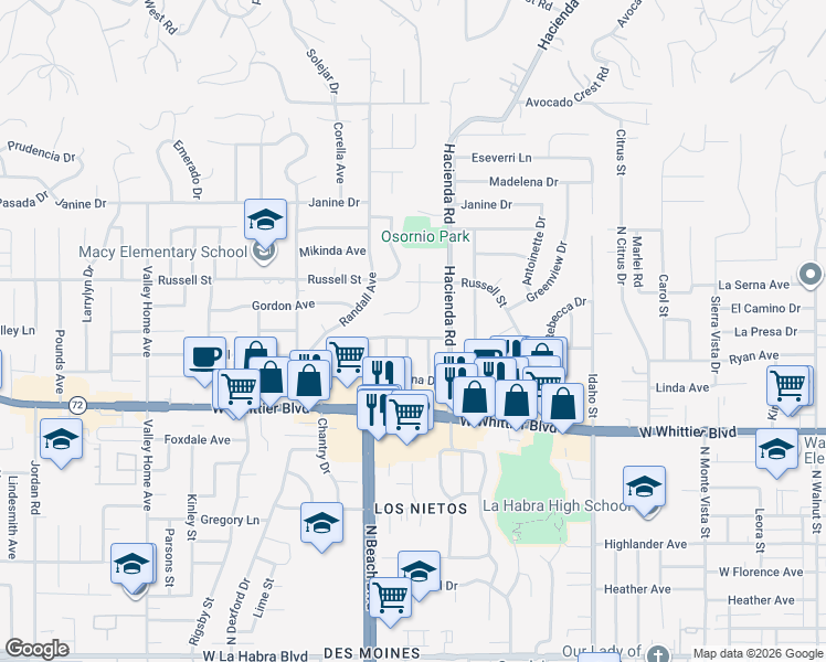 map of restaurants, bars, coffee shops, grocery stores, and more near 1801 Lindauer Drive in La Habra