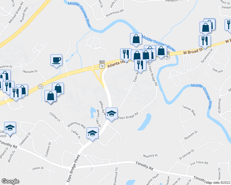 map of restaurants, bars, coffee shops, grocery stores, and more near 232 Epps Bridge Road in Athens