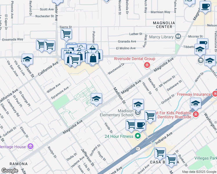 map of restaurants, bars, coffee shops, grocery stores, and more near 3871 San Marcos Avenue in Riverside