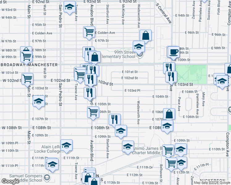 map of restaurants, bars, coffee shops, grocery stores, and more near 718 East 103rd Place in Los Angeles
