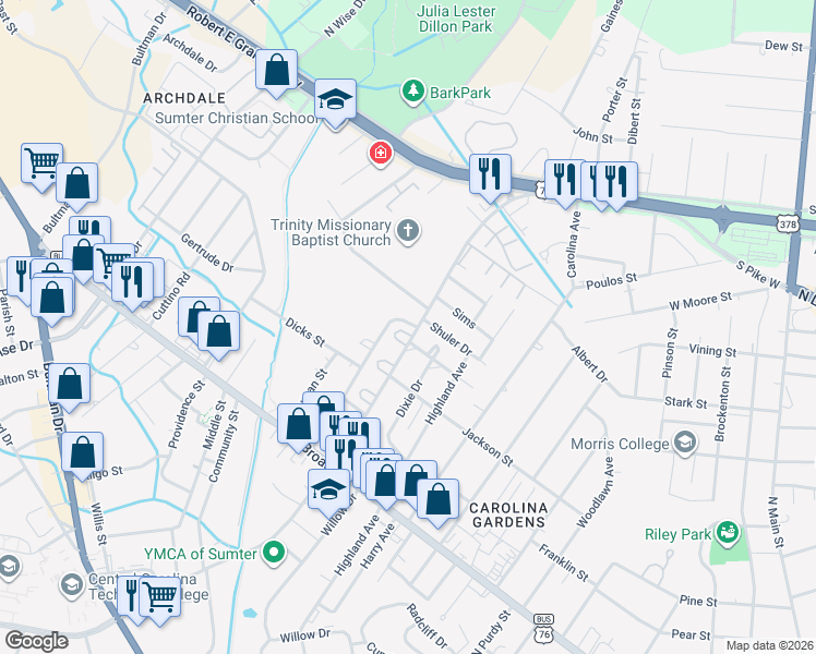 map of restaurants, bars, coffee shops, grocery stores, and more near 721 Miller Rd in Sumter
