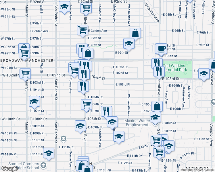 map of restaurants, bars, coffee shops, grocery stores, and more near 718 East 103rd Place in Los Angeles