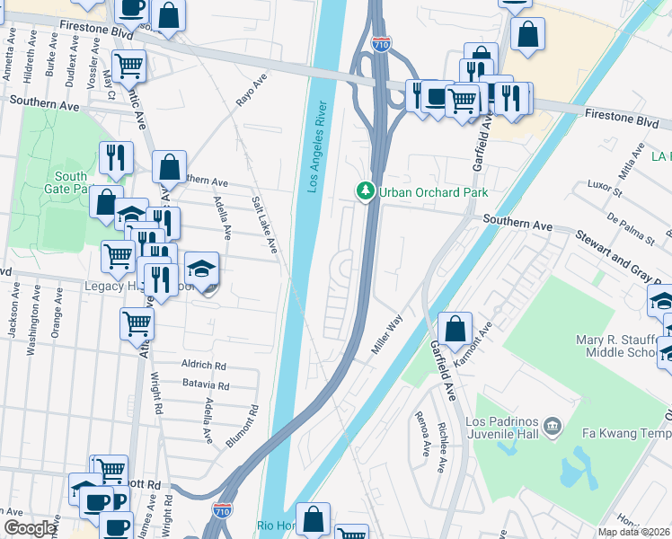 map of restaurants, bars, coffee shops, grocery stores, and more near 10001 West Frontage Road in South Gate