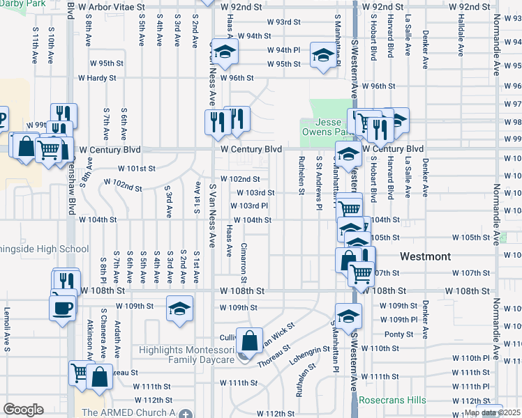 map of restaurants, bars, coffee shops, grocery stores, and more near 2059 West 104th Street in Los Angeles