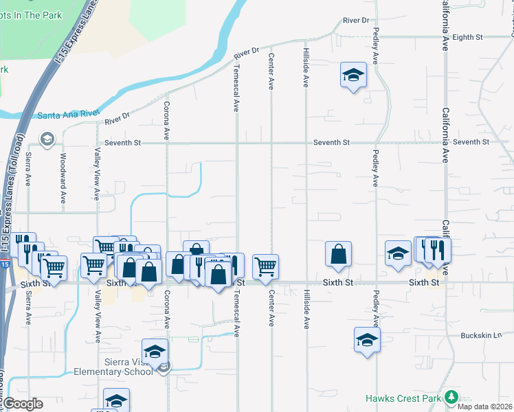 map of restaurants, bars, coffee shops, grocery stores, and more near 4174 Center Avenue in Norco