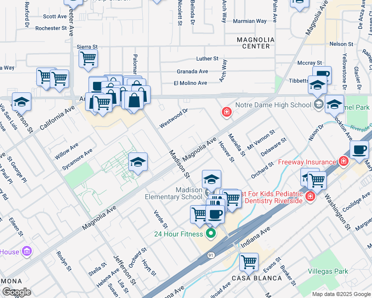 map of restaurants, bars, coffee shops, grocery stores, and more near 3815 Madison Street in Riverside