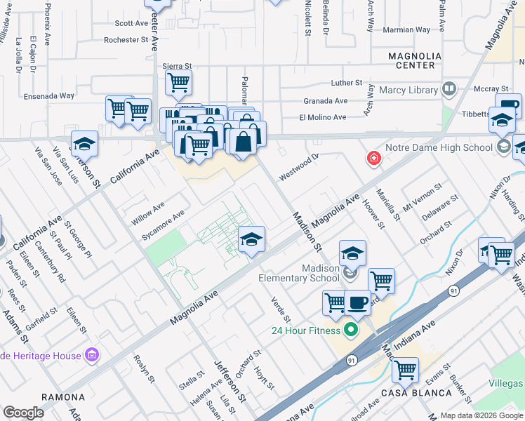 map of restaurants, bars, coffee shops, grocery stores, and more near 3892 San Mateo Avenue in Riverside