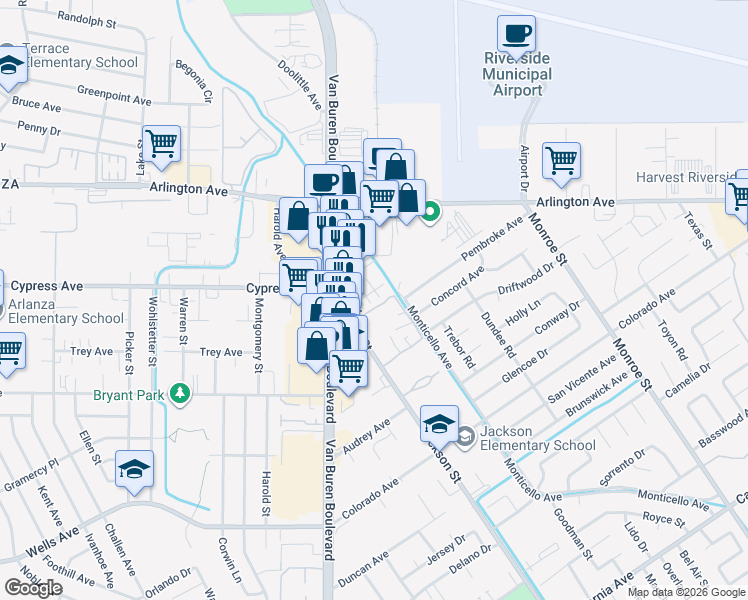 map of restaurants, bars, coffee shops, grocery stores, and more near 4879 Jackson Street in Riverside