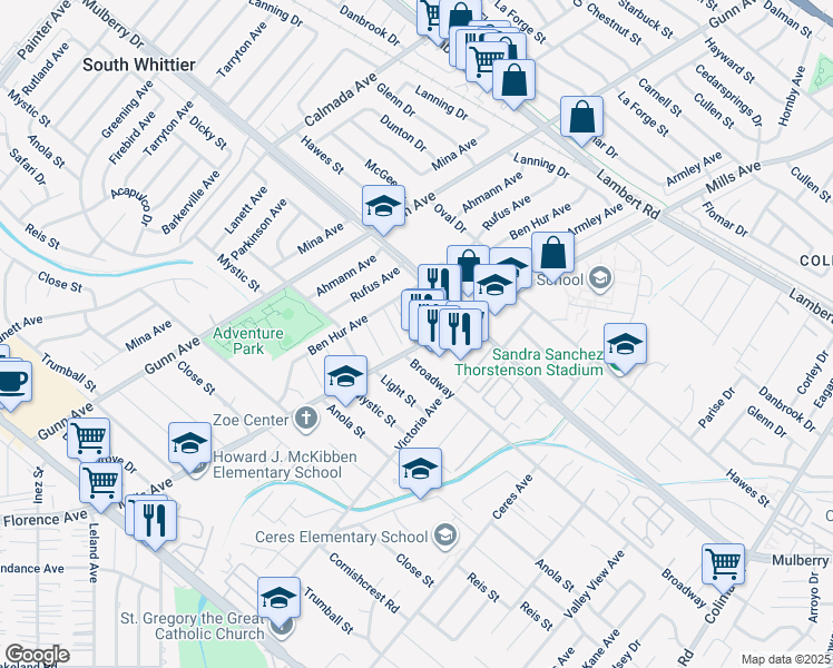 map of restaurants, bars, coffee shops, grocery stores, and more near 10060 Mills Avenue in Whittier