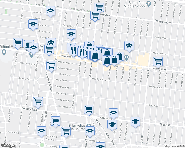 map of restaurants, bars, coffee shops, grocery stores, and more near 10132 California Avenue in South Gate