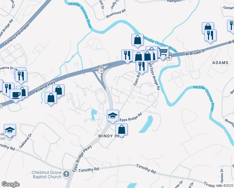 map of restaurants, bars, coffee shops, grocery stores, and more near 232 Epps Bridge Road in Athens