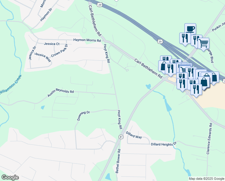map of restaurants, bars, coffee shops, grocery stores, and more near 587 Hoyt King Road in Bethlehem