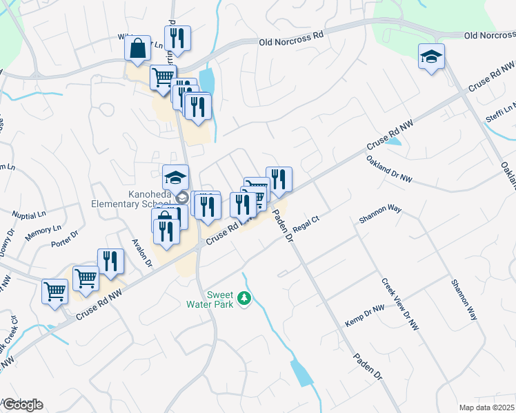 map of restaurants, bars, coffee shops, grocery stores, and more near 3200 Binghampton Lane in Lawrenceville