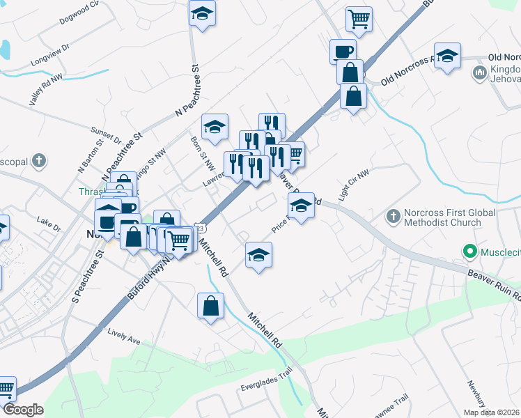 map of restaurants, bars, coffee shops, grocery stores, and more near 508 Summer Court Northwest in Norcross