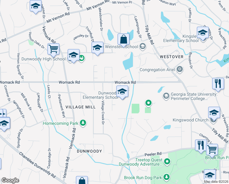 map of restaurants, bars, coffee shops, grocery stores, and more near 1923 Womack Road in Dunwoody