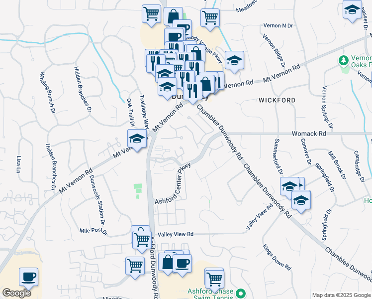 map of restaurants, bars, coffee shops, grocery stores, and more near 324 Ashford Circle in Dunwoody