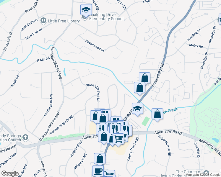 map of restaurants, bars, coffee shops, grocery stores, and more near 6875 Sunny Brook Lane Northeast in Atlanta