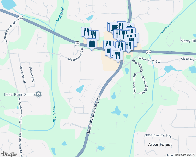 map of restaurants, bars, coffee shops, grocery stores, and more near 2415 Alexander Lake Drive Southwest in Marietta
