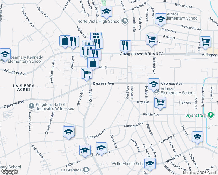 map of restaurants, bars, coffee shops, grocery stores, and more near 5976 Robinson Avenue in Riverside