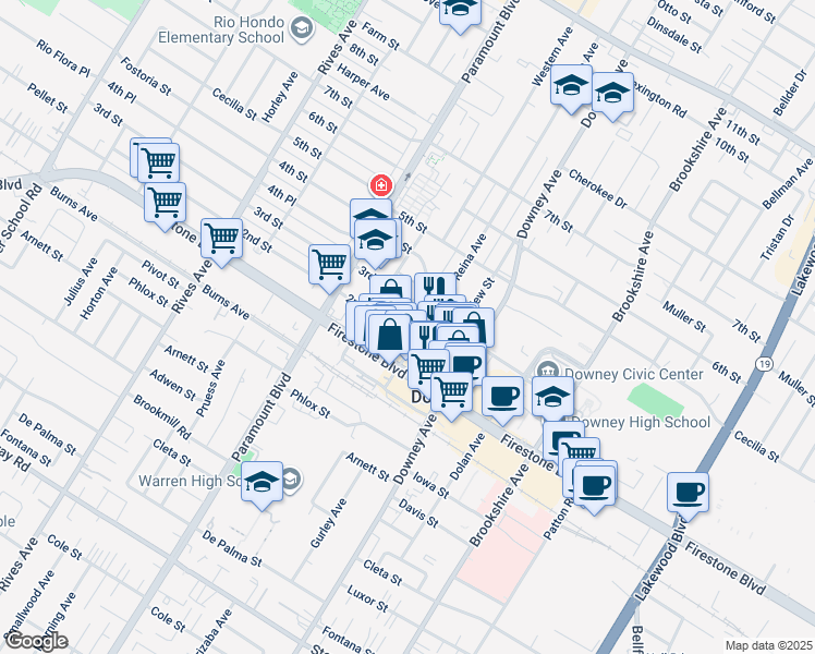 map of restaurants, bars, coffee shops, grocery stores, and more near 11021 La Reina Avenue in Downey