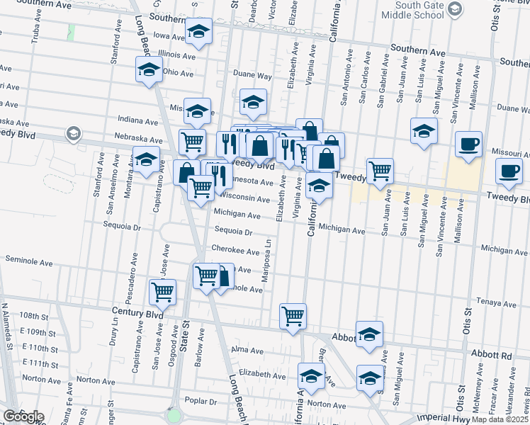 map of restaurants, bars, coffee shops, grocery stores, and more near 3358A Michigan Avenue in South Gate