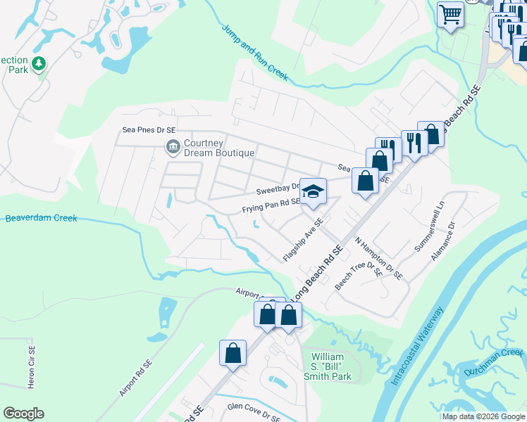 map of restaurants, bars, coffee shops, grocery stores, and more near 4712 Halyard Road Southeast in Southport