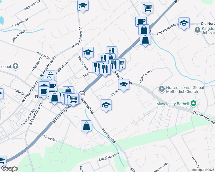 map of restaurants, bars, coffee shops, grocery stores, and more near 508 Summer Court Northwest in Norcross