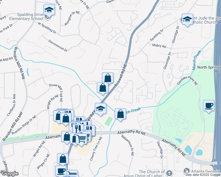 map of restaurants, bars, coffee shops, grocery stores, and more near 6851 Georgia 9 in Sandy Springs