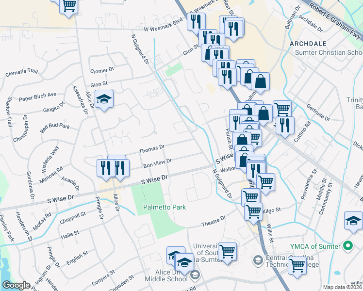 map of restaurants, bars, coffee shops, grocery stores, and more near 6 Thomas Drive in Sumter