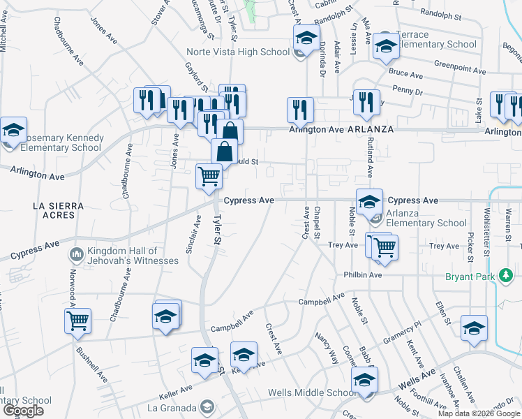 map of restaurants, bars, coffee shops, grocery stores, and more near 5976 Robinson Avenue in Riverside