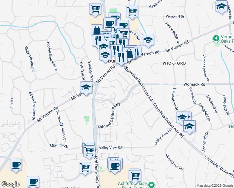 map of restaurants, bars, coffee shops, grocery stores, and more near 324 Ashford Circle in Dunwoody
