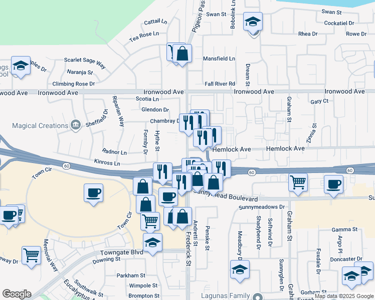 map of restaurants, bars, coffee shops, grocery stores, and more near Pigeon Pass Road & Hemlock Avenue in Moreno Valley